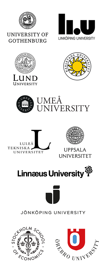 Chalmers University of Technology, Linköping University, Lund University, Stockholm University, Umeå University, University of Gothenburg, Uppsala University